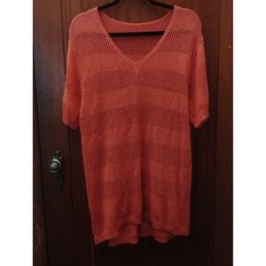 Boutique Coral Pink Crochet Knit V-Neck Tunic Short Sleeve Sweater 2XL